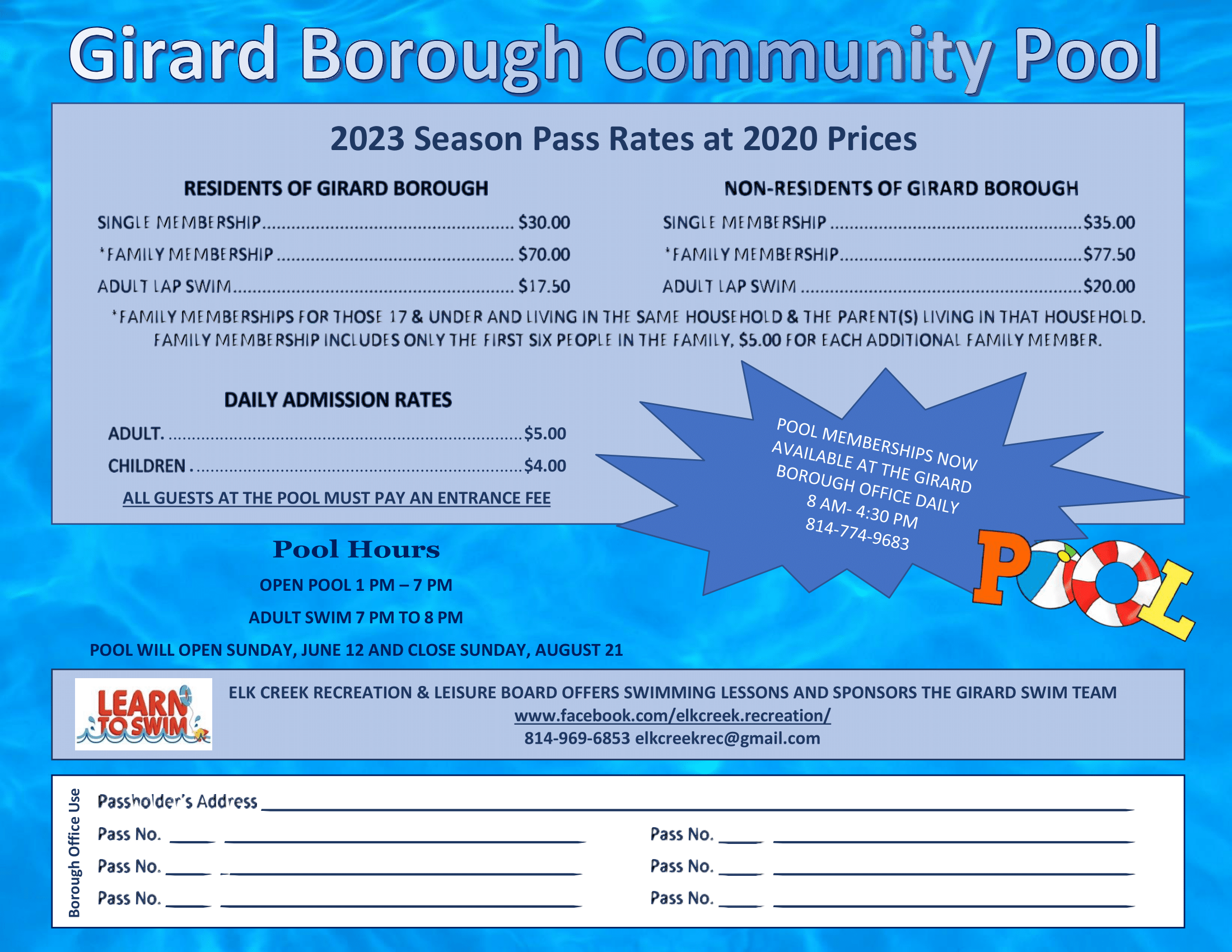 Girard Borough Community Pool 2023 Season Pass Rates